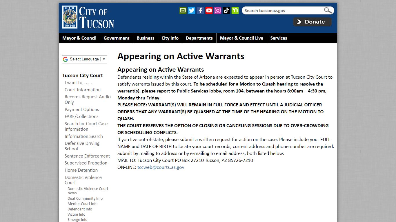 Appearing on Active Warrants | Official website of the City of Tucson